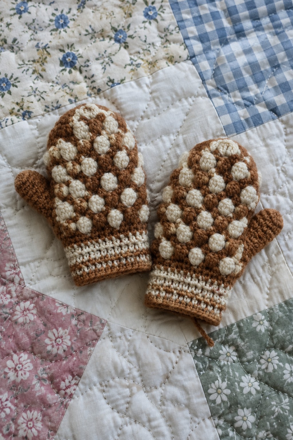 Brown and white crocheted mittens with bobble pattern on floral quilt