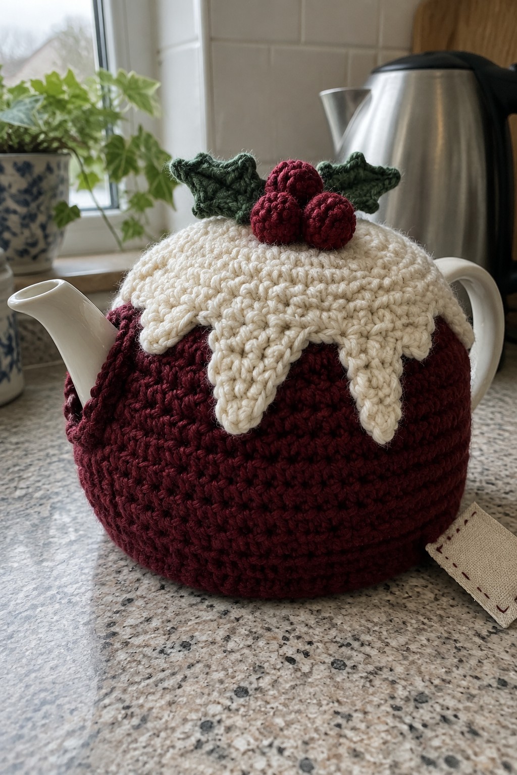 Crocheted Christmas pudding tea cozy with holly berries on white teapot