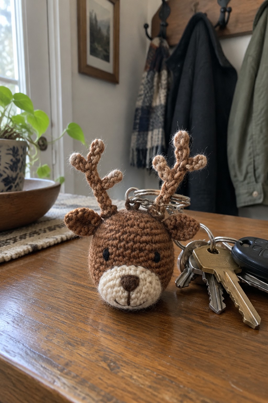 Crocheted brown reindeer keychain with antlers and keys on wooden table