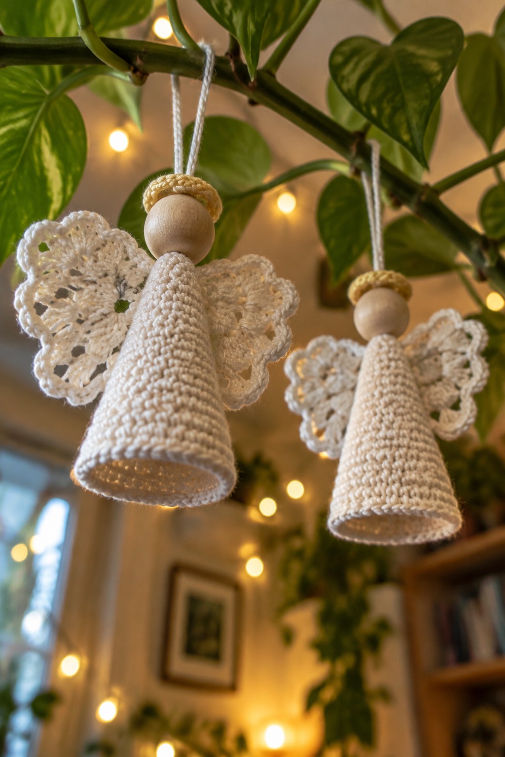 Two white crocheted angel ornaments with wooden heads hanging from a plant amid string lights