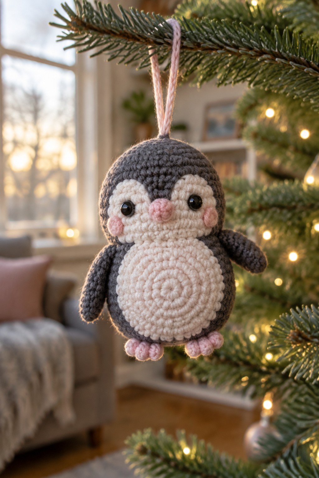 Crocheted gray-and-white penguin ornament with pink cheeks on a lit Christmas tree.