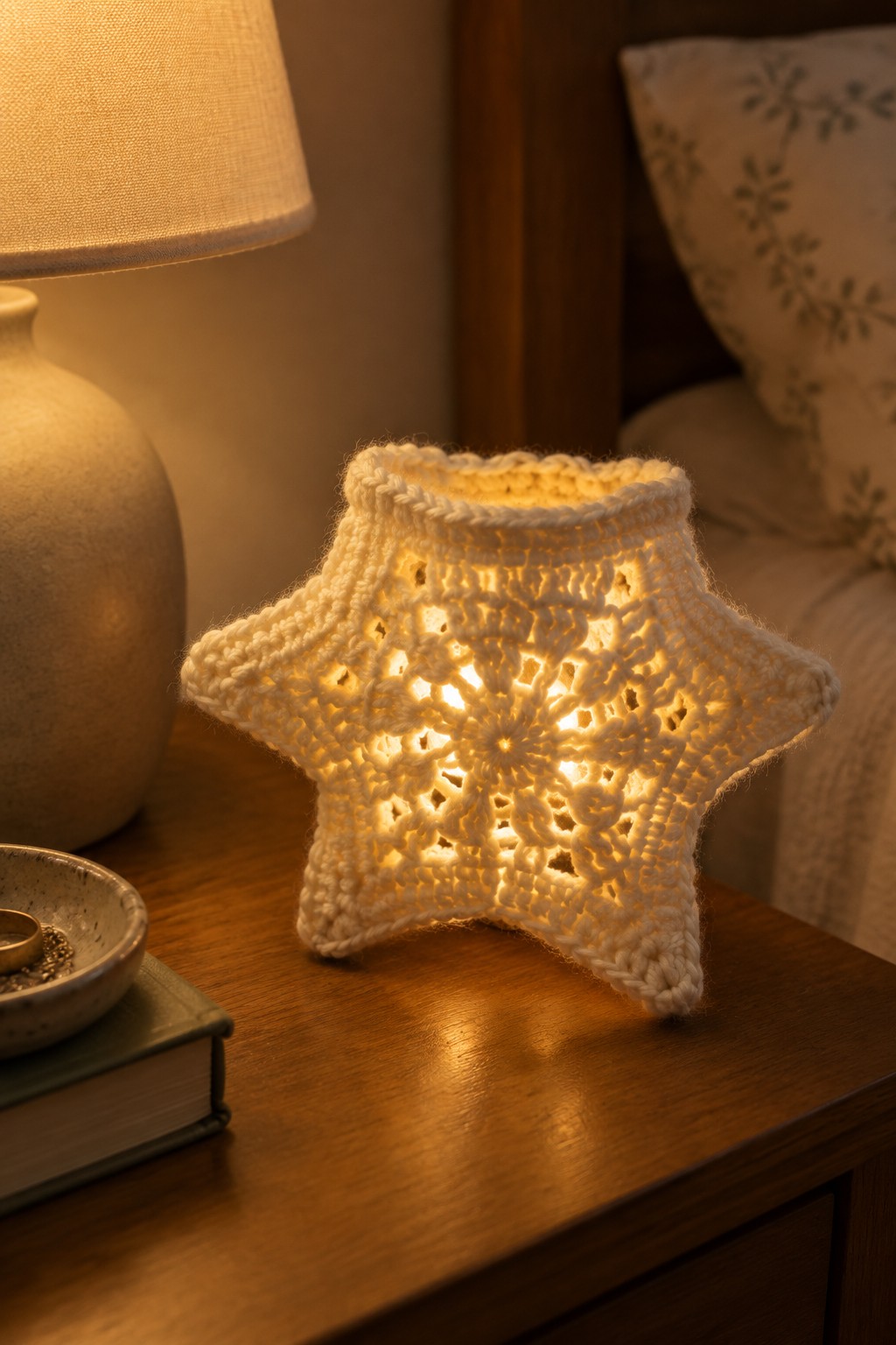 Glowing crocheted white star lantern on wooden nightstand beside lamp
