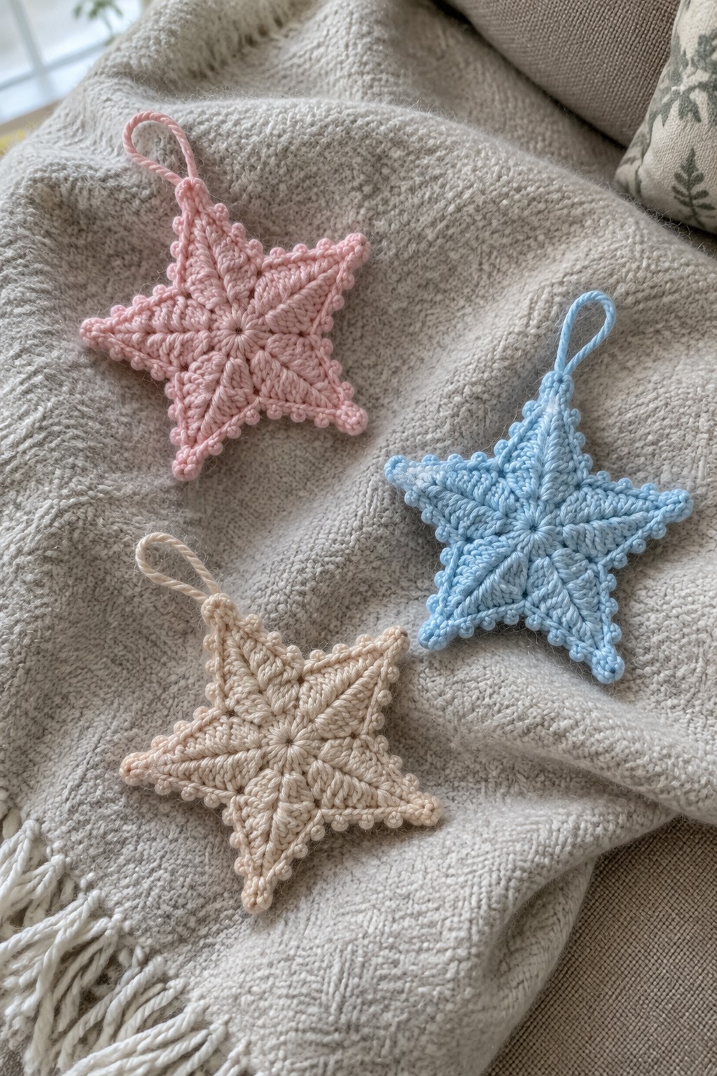 Three crocheted star ornaments in pink, blue, and beige on a textured blanket.