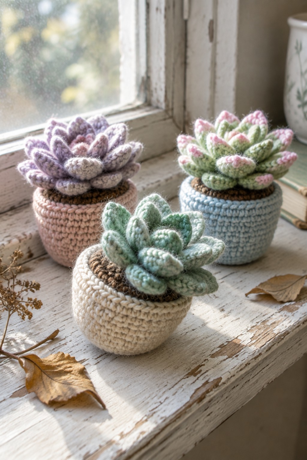 Three crocheted succulents in pastel pots on weathered wooden windowsill