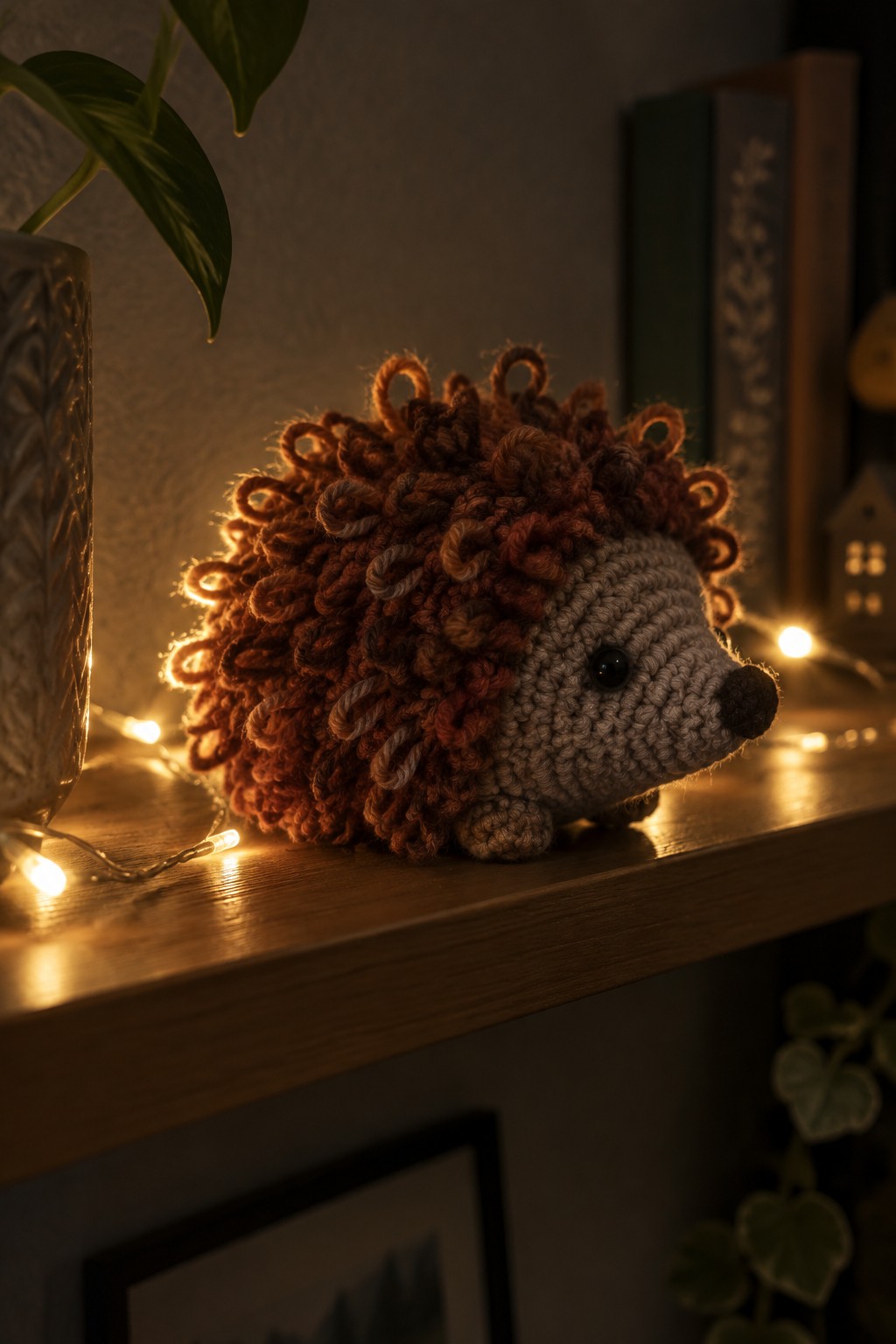 Crocheted hedgehog with curly brown yarn on wooden shelf beside fairy lights
