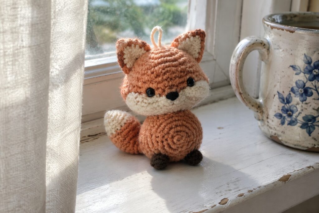 Crocheted orange fox toy on windowsill beside floral ceramic mug in sunlight