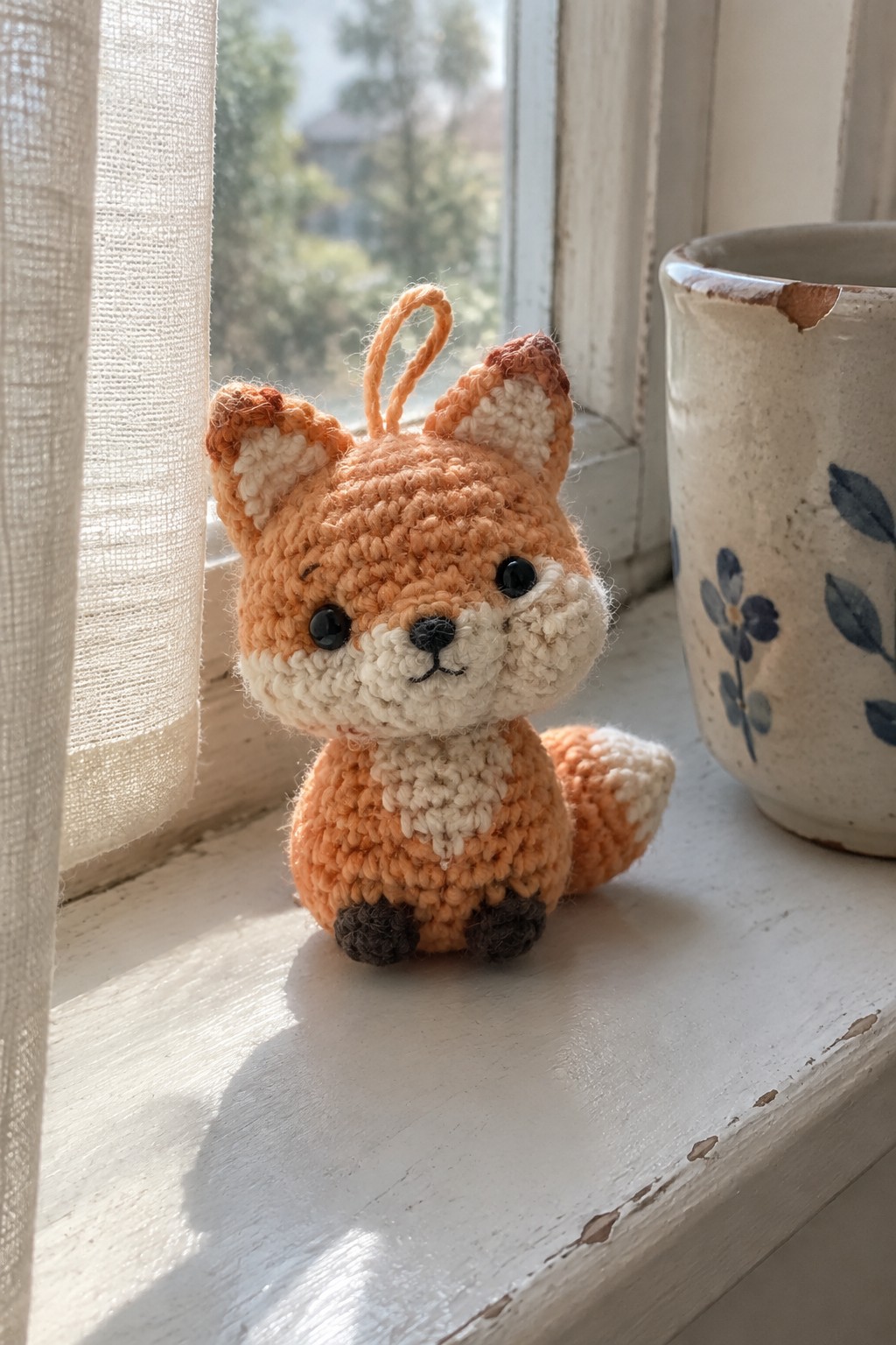 Crocheted orange fox toy on windowsill beside floral ceramic mug in sunlight