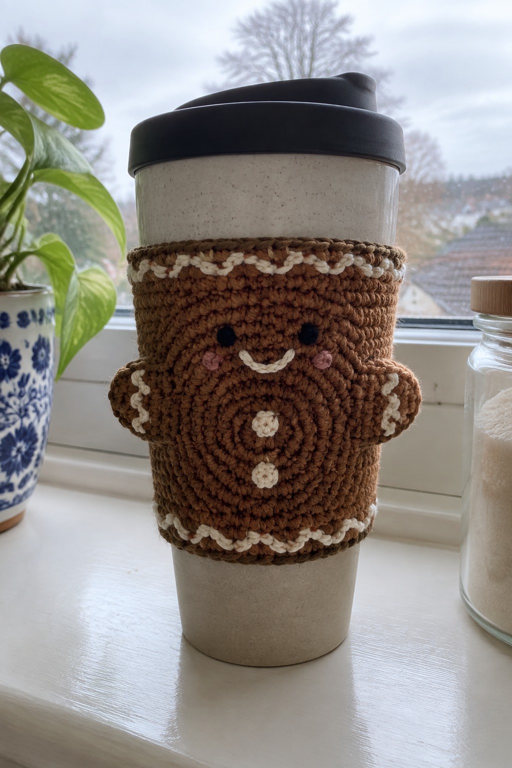 Crocheted gingerbread man cozy with face on a lidded travel mug by window