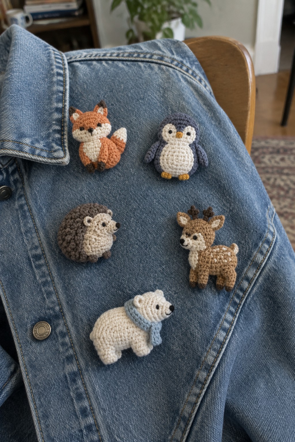 Blue denim jacket with crocheted fox, penguin, hedgehog, deer, and bear pins.