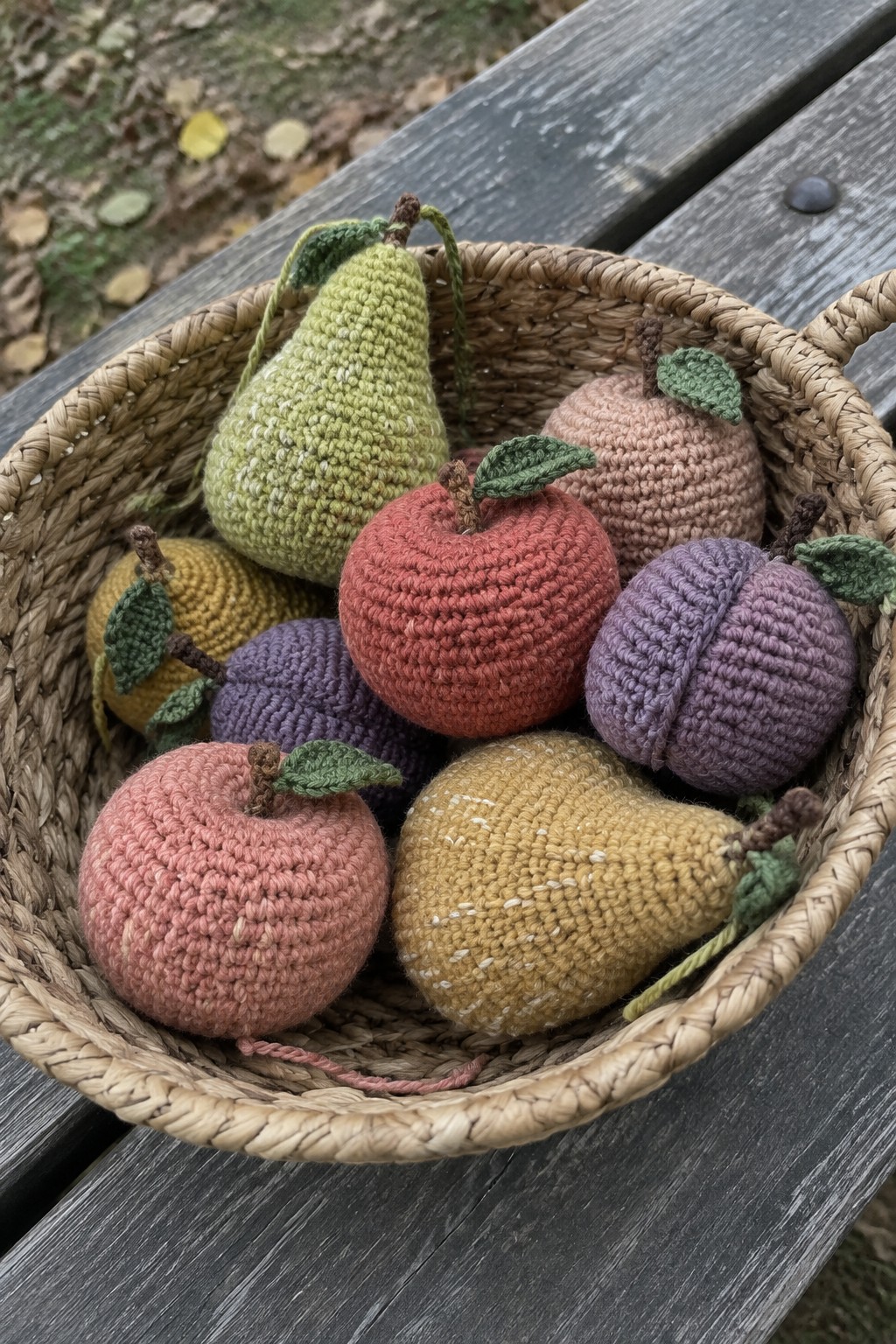 Woven basket of colorful crocheted apples, pears, and plums on wooden bench.