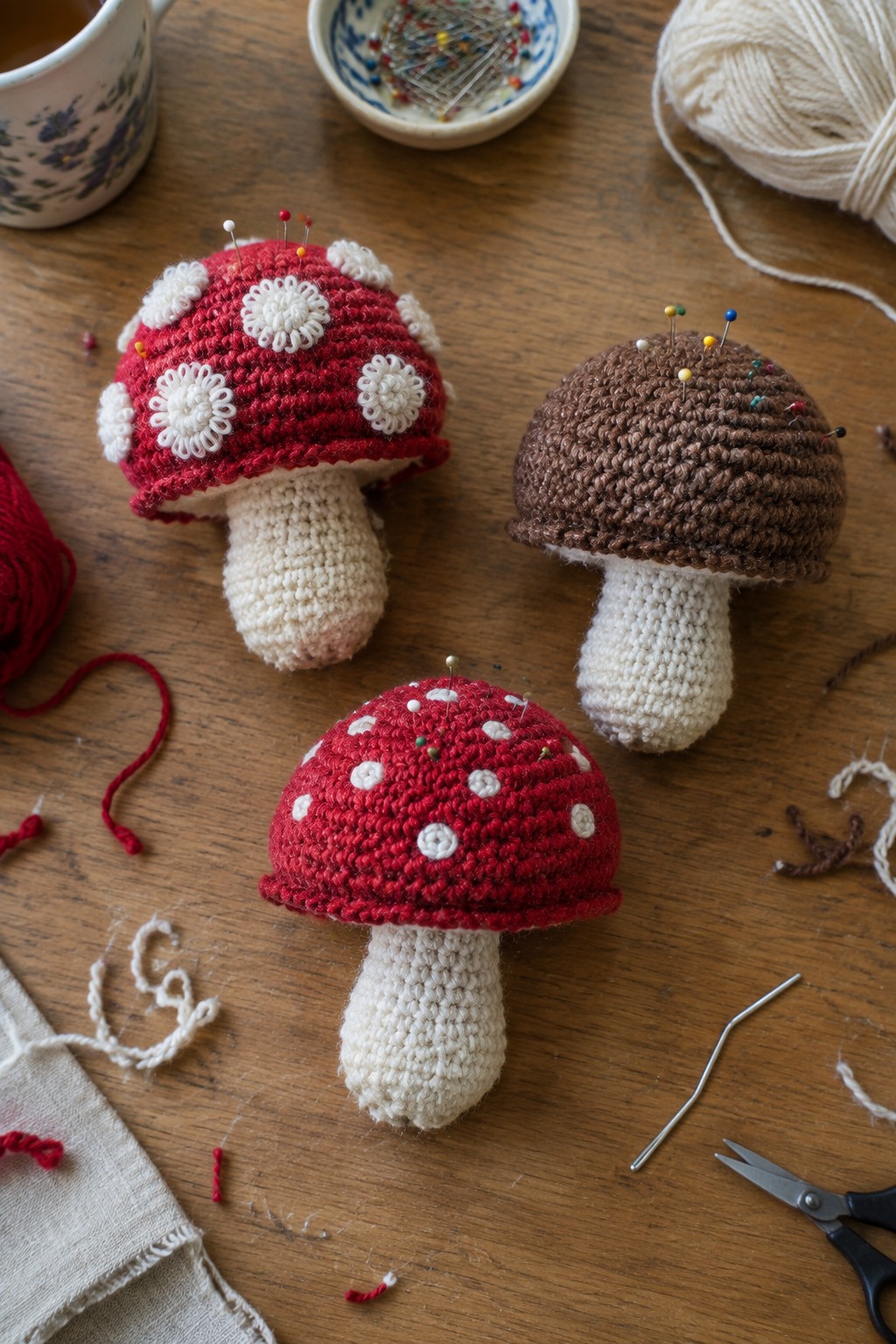 Three crocheted mushroom pincushions with pins amid yarn and scissors on wood table