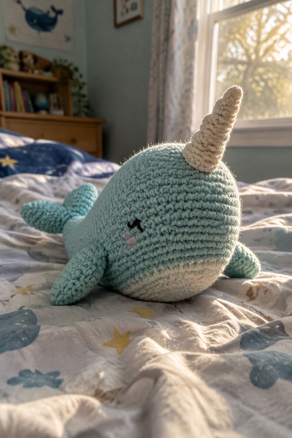 Crocheted light blue narwhal plush with white tusk on sunlit patterned bedding.