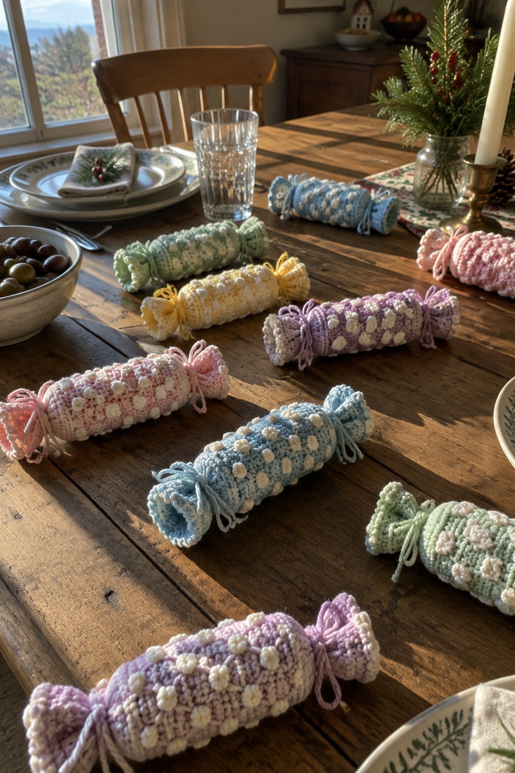 Pastel crocheted candy-shaped crackers scattered on a wooden holiday table