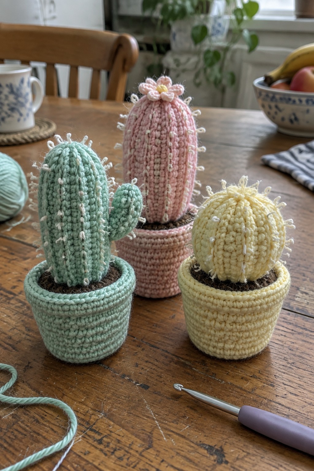 Three crocheted cacti in green, pink, and yellow pots on wooden table with hook