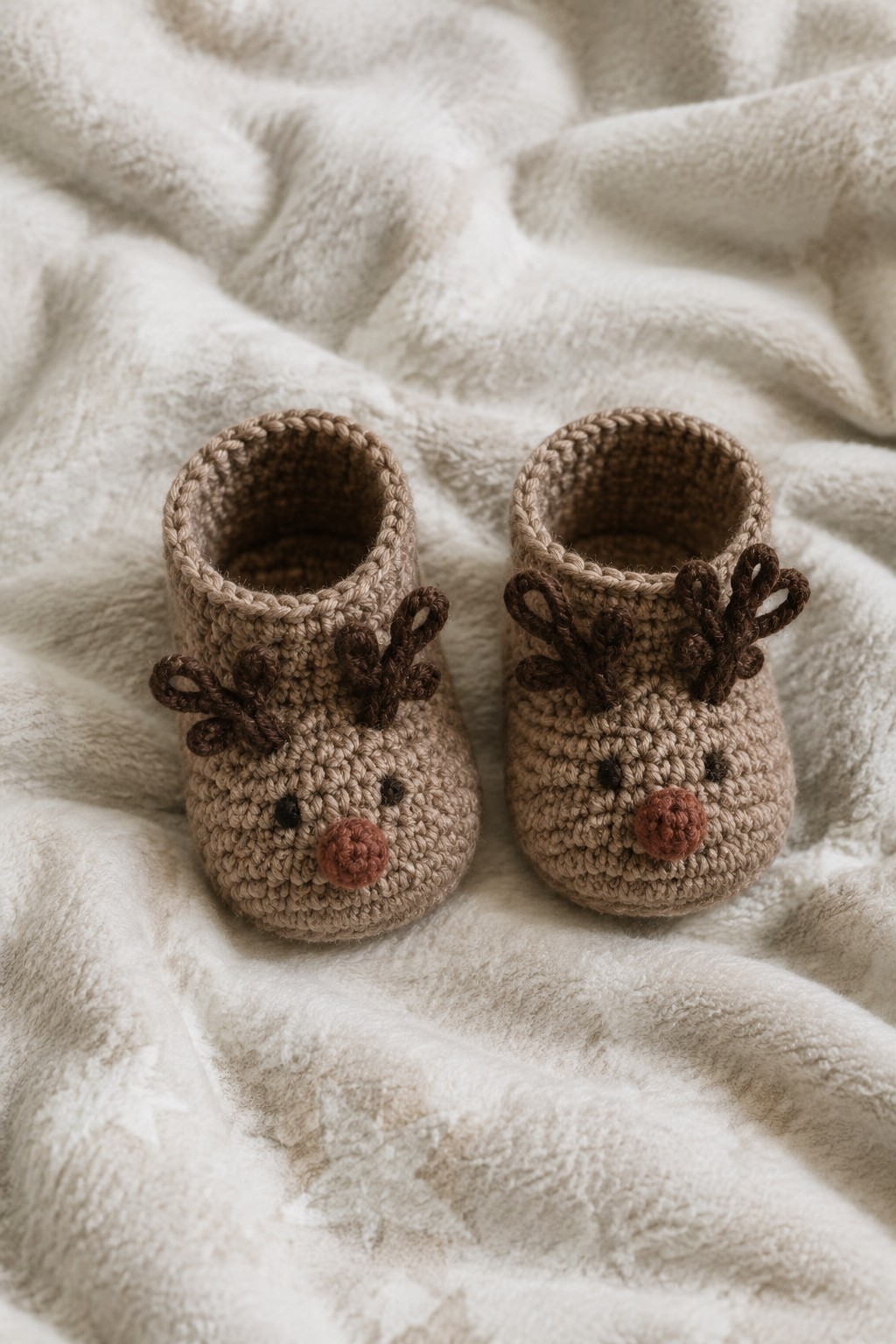 Two beige crocheted reindeer baby booties with antlers on fluffy white blanket