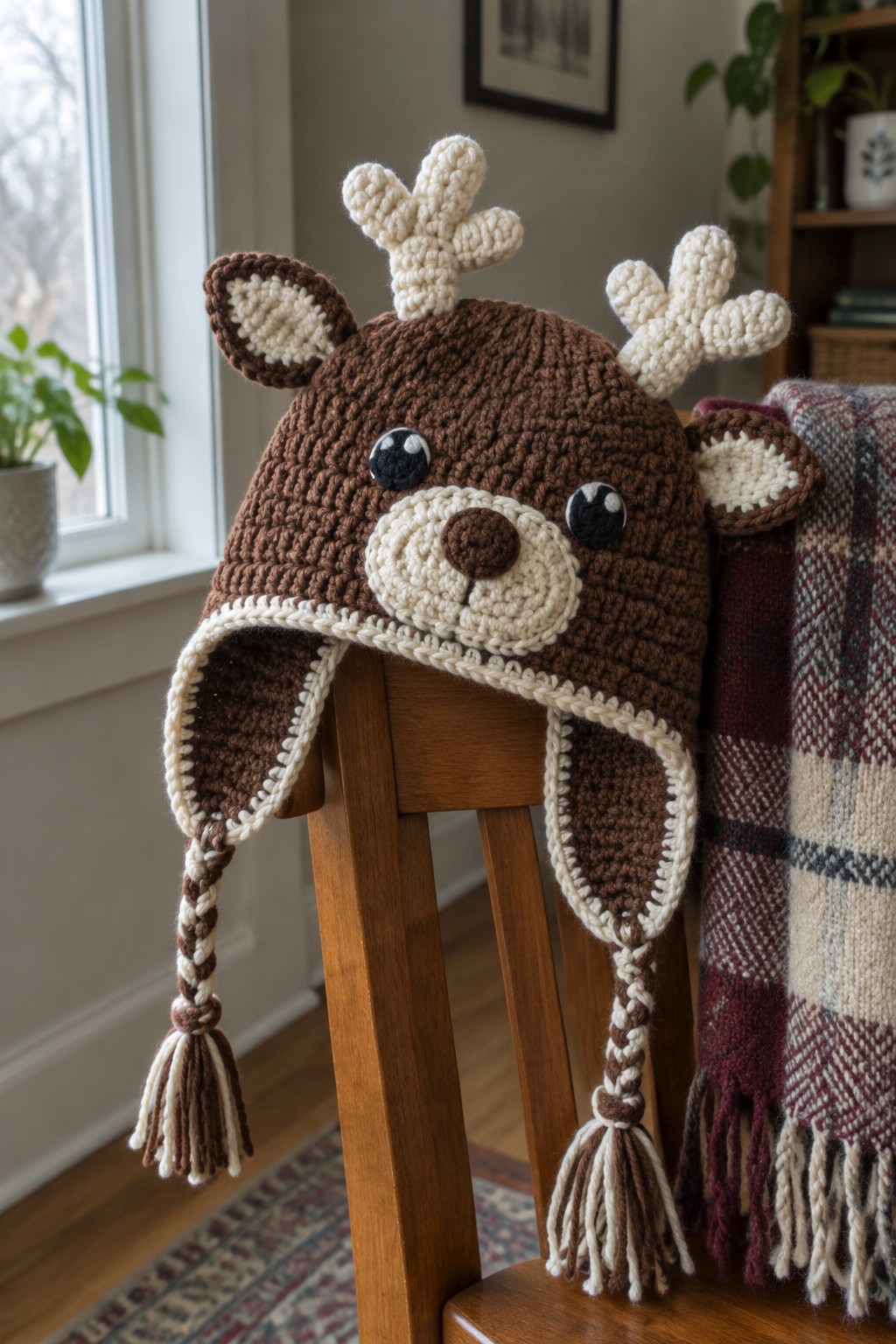 A brown crocheted reindeer hat with cream antlers, ears, and face sits on a wooden chair.