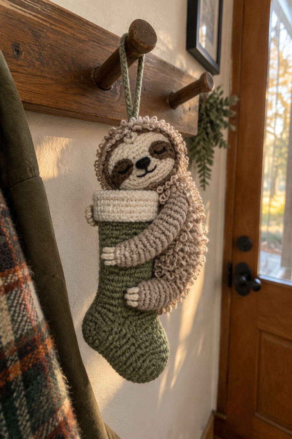Crocheted sloth hugging green Christmas stocking on wooden peg rack