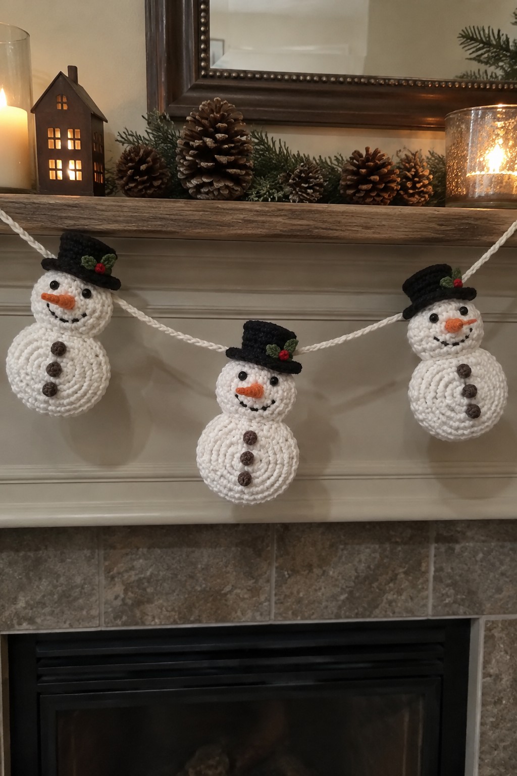 Three crocheted snowmen with black hats strung across a fireplace mantel