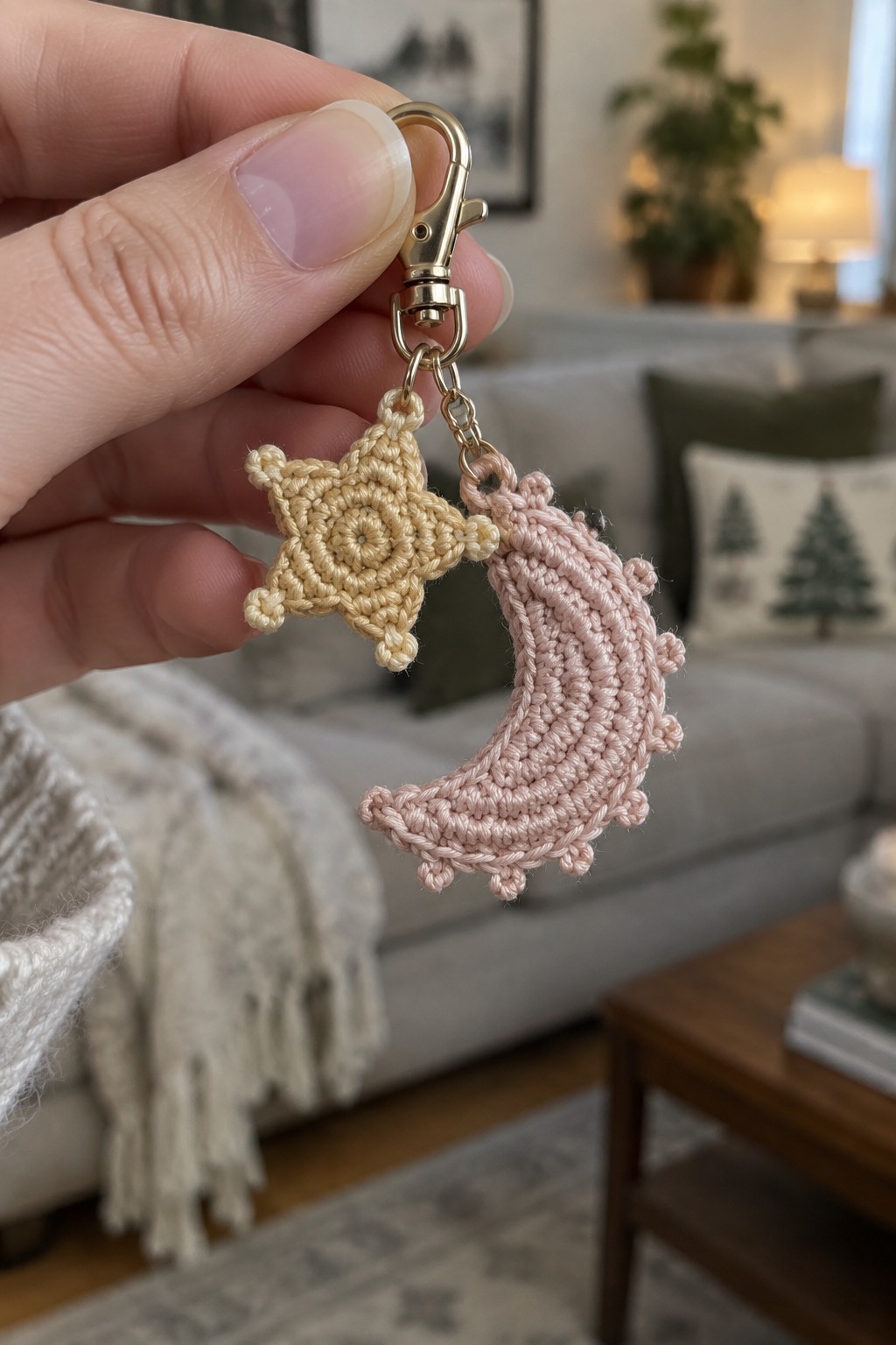 Hand holding crocheted beige star and pink moon keychain on gold clasp
