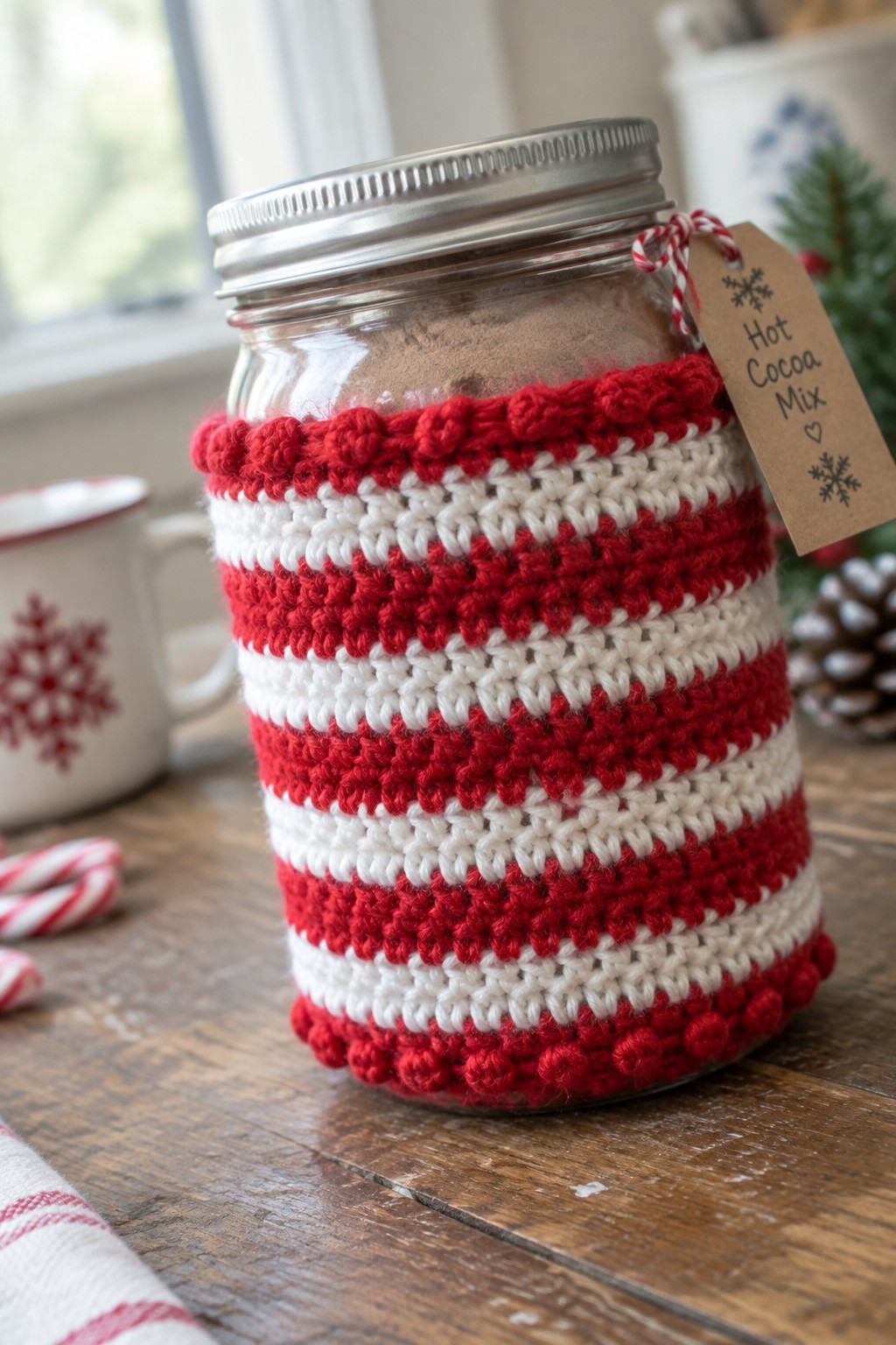 Mason jar of hot cocoa mix in red and white crocheted cozy with tag