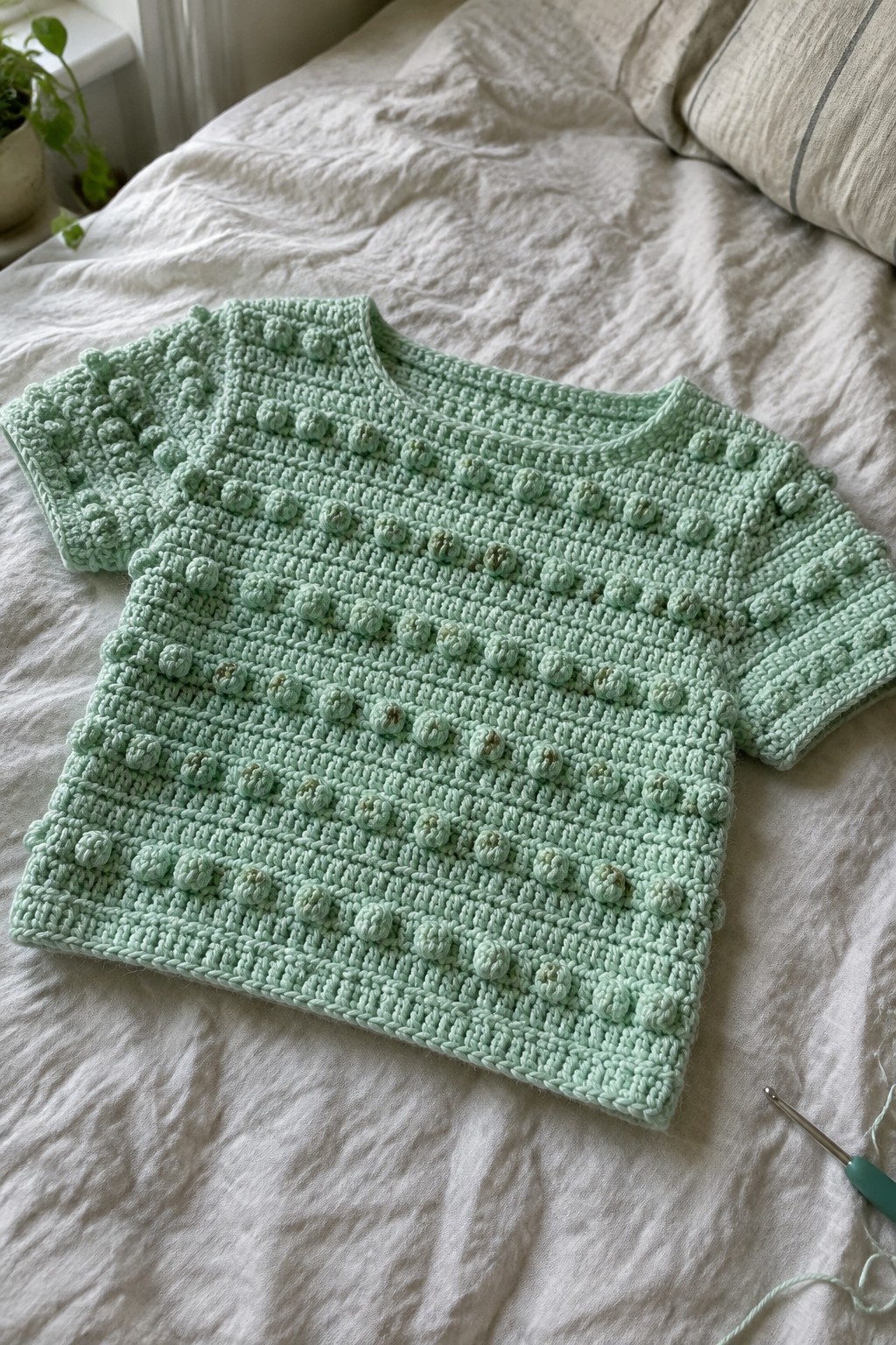 Mint green bobble crochet top laid flat on white bed with hook nearby