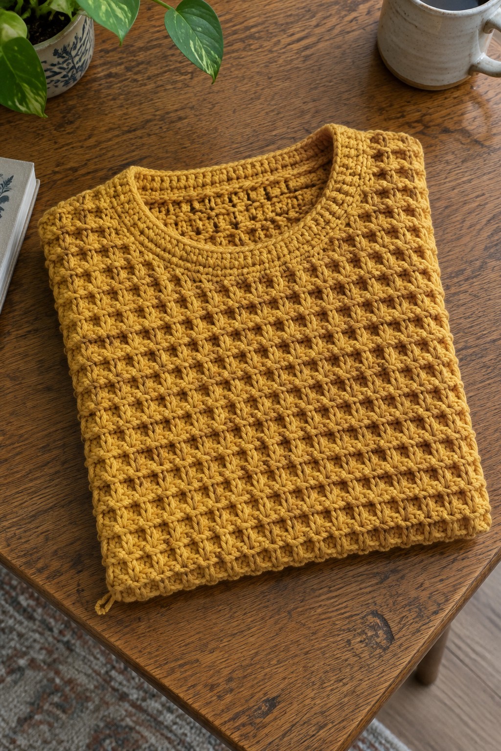 Mustard yellow crocheted sweater folded on wooden table with mug and plant