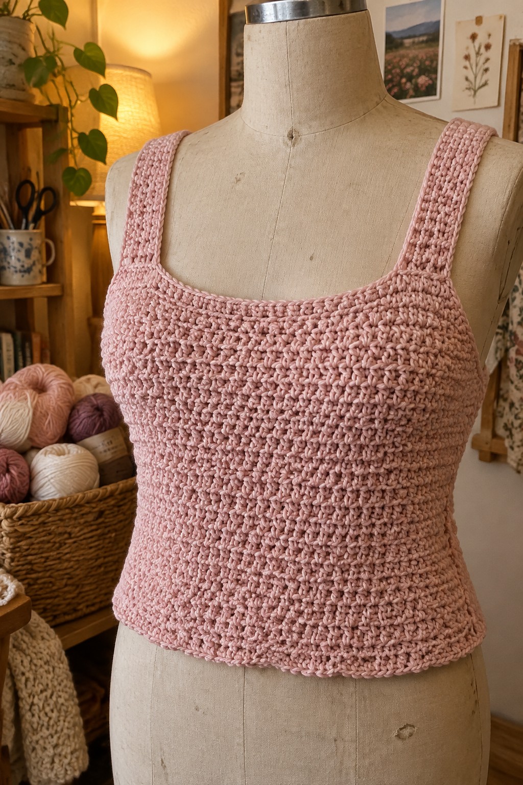 Pink crocheted tank top with wide straps on mannequin amid yarn and craft supplies