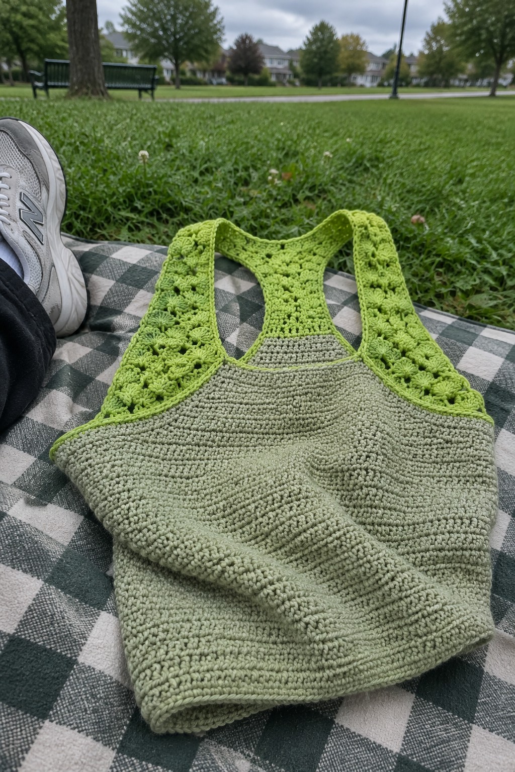 Lime green crocheted tank top on checkered picnic blanket in grassy park beside sneaker