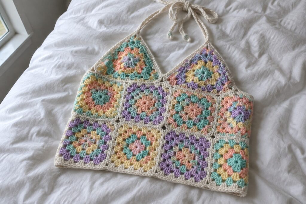 Pastel granny square crochet halter top with green ties on white fabric