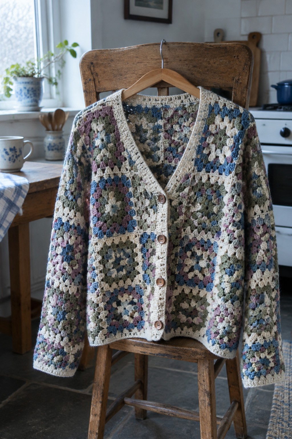 Multicolored granny square crochet cardigan hanging on wooden chair in kitchen.