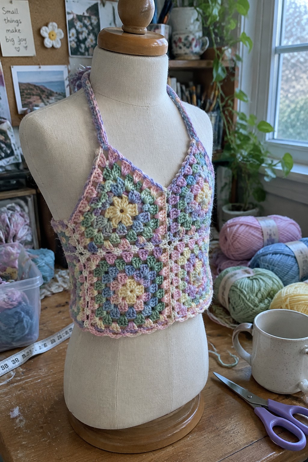 Colorful granny square crochet halter top on mannequin amid yarn and craft supplies
