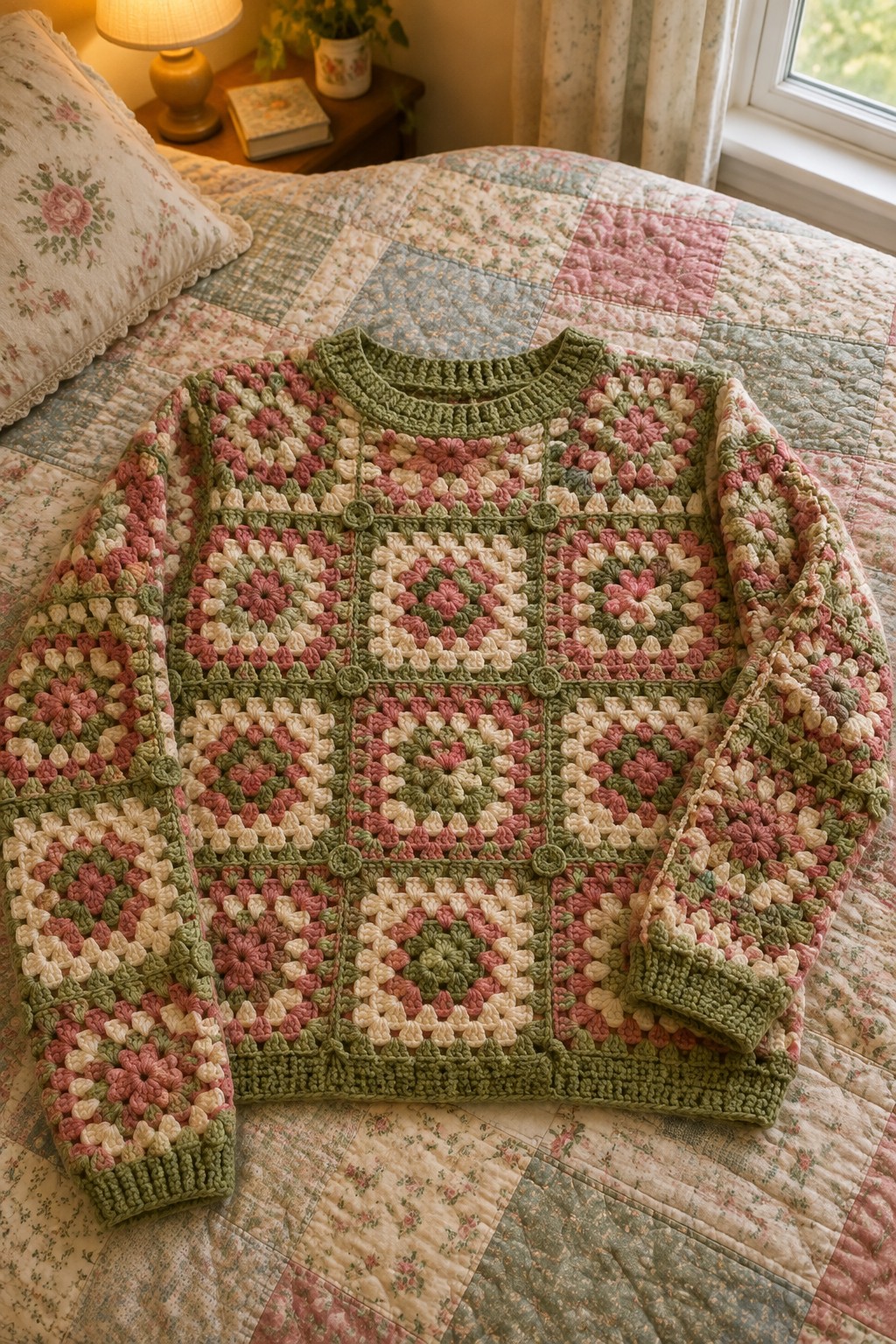 Colorful crocheted granny square sweater laid on floral patchwork quilt bed