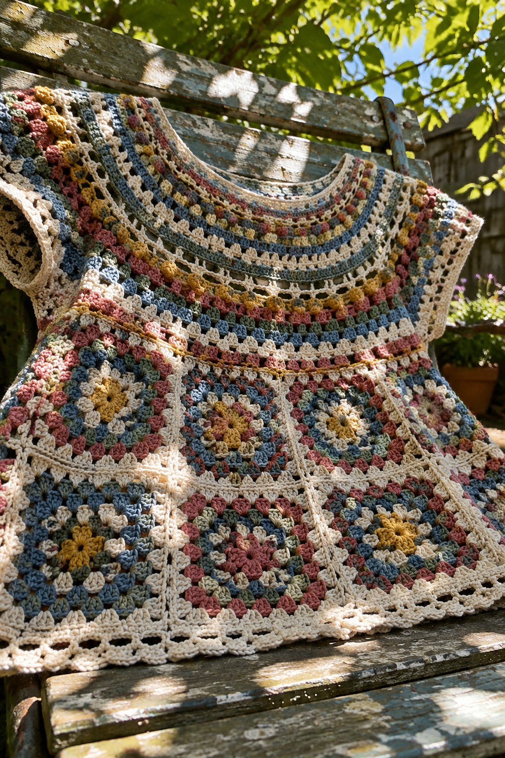 Colorful crocheted granny square vest draped on weathered wooden bench outdoors.