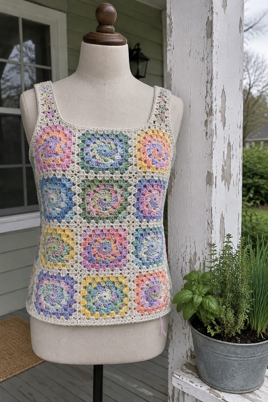 Mannequin in pastel granny square crochet tank top on porch beside herbs