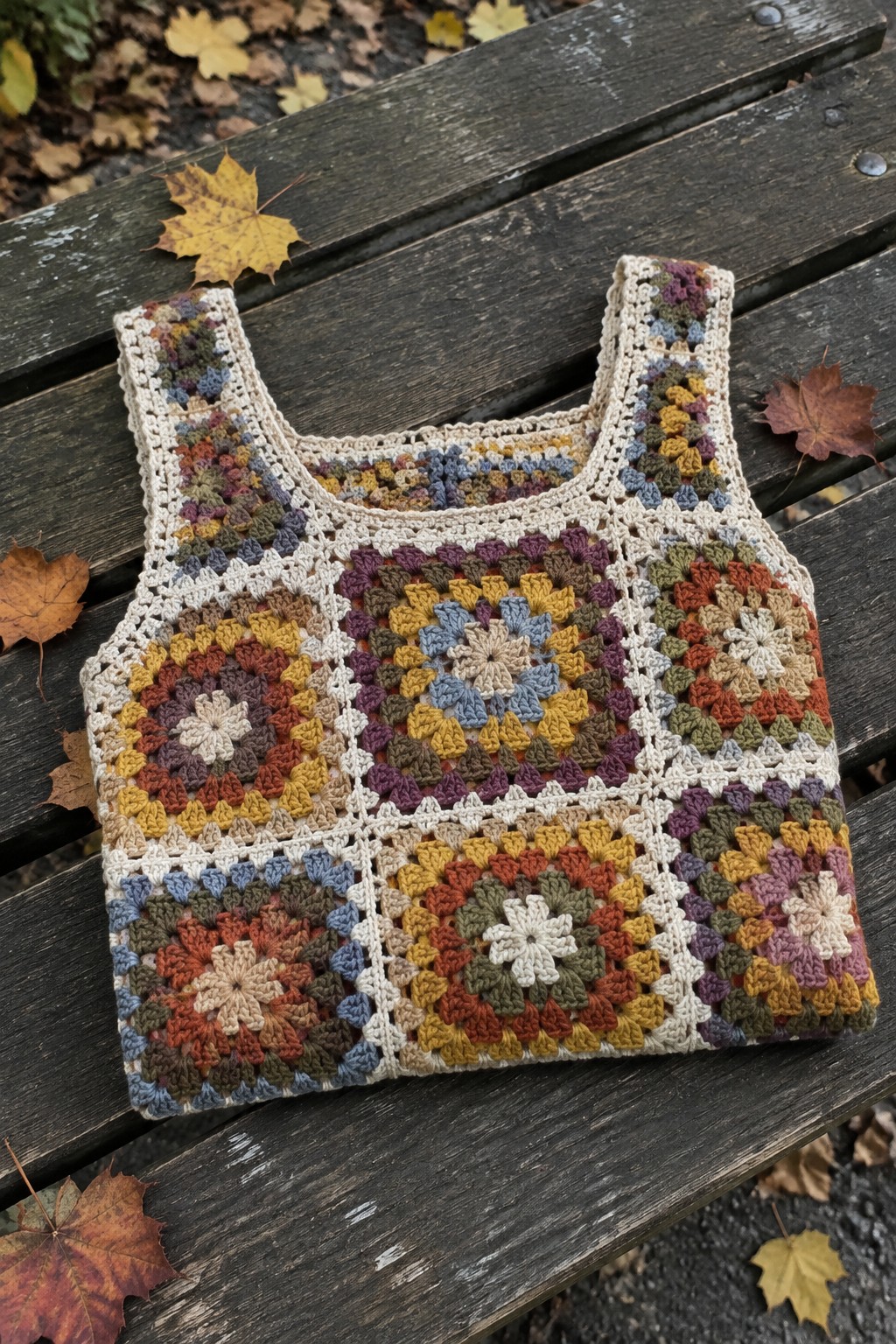 Colorful granny square crocheted tank top on wooden bench with autumn leaves