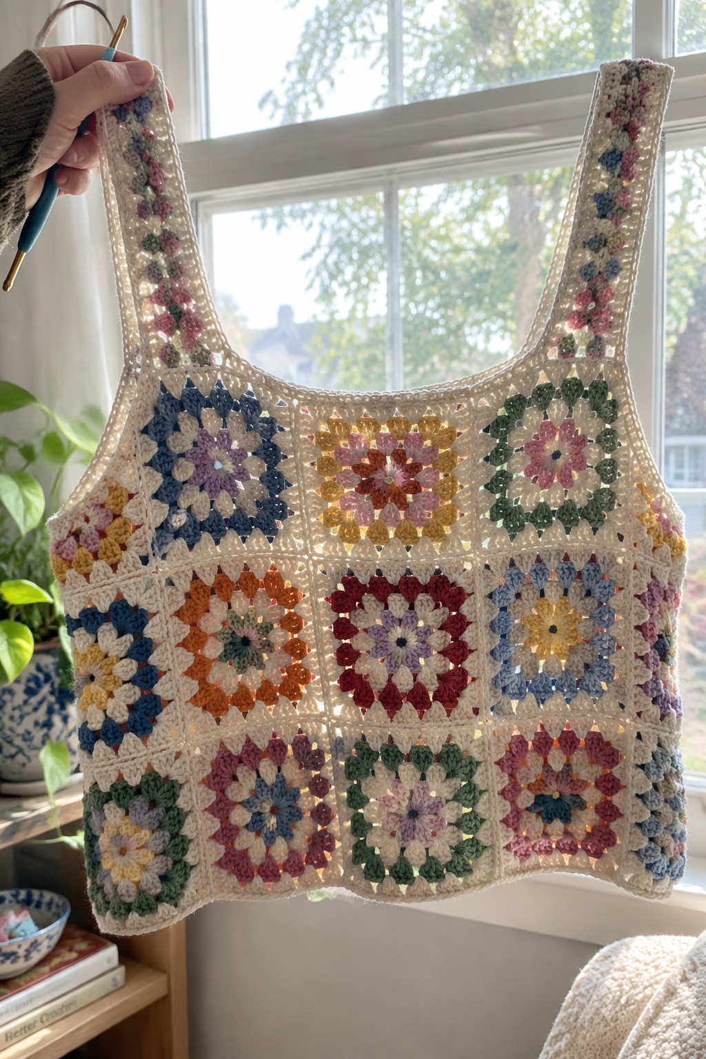 Colorful granny square crochet bag held by hand with hook near sunny window