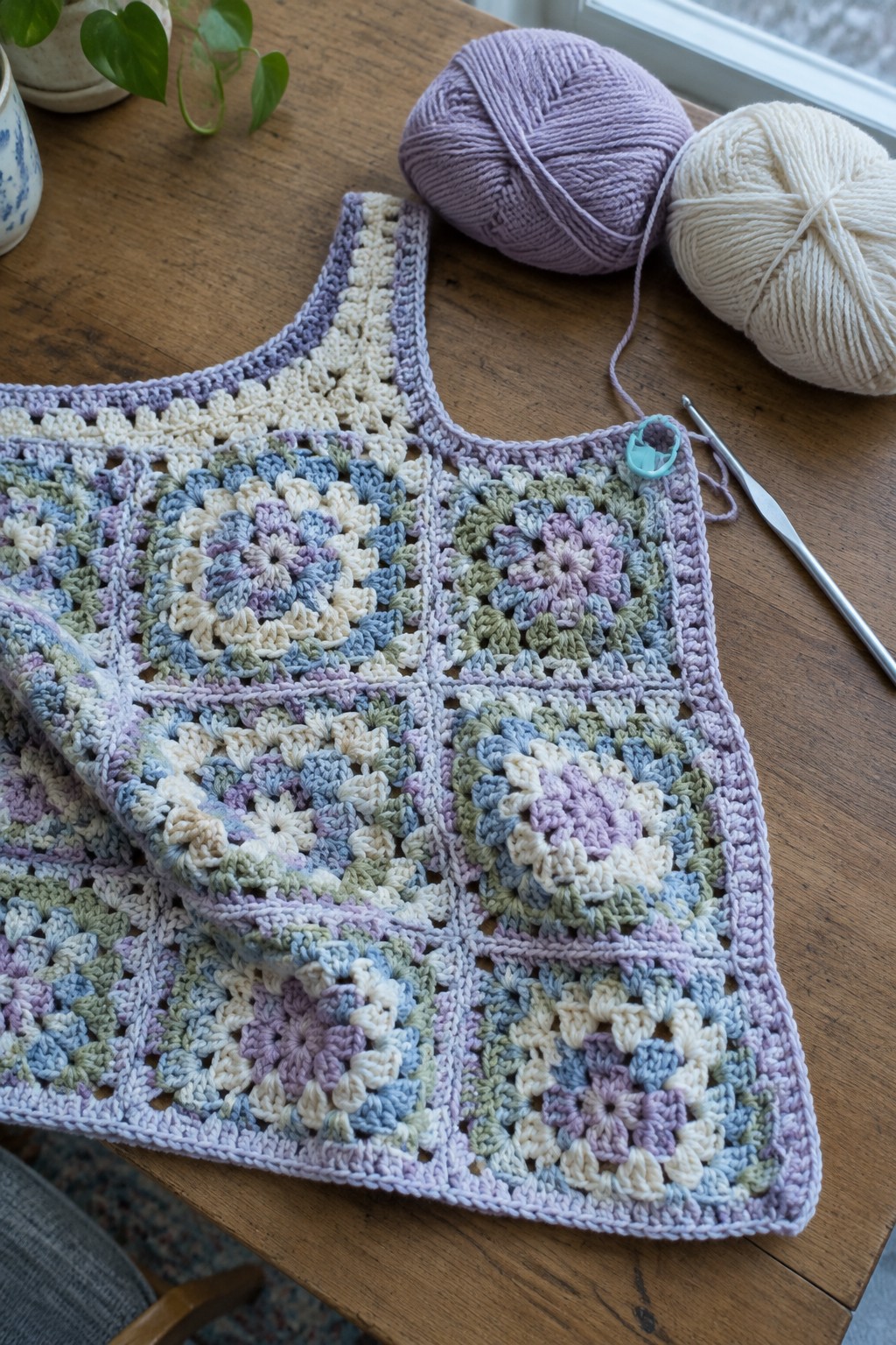 Crocheted pastel granny square top with yarn balls and hook on wooden table