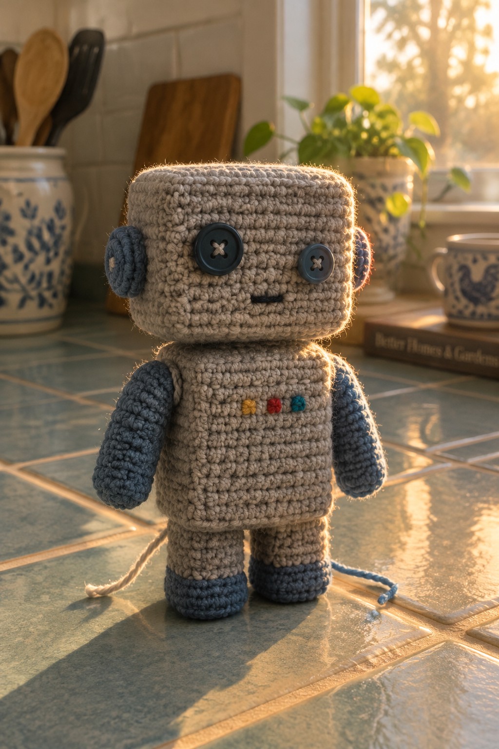 Crocheted beige robot toy with blue limbs, button eyes, on sunlit kitchen tiles