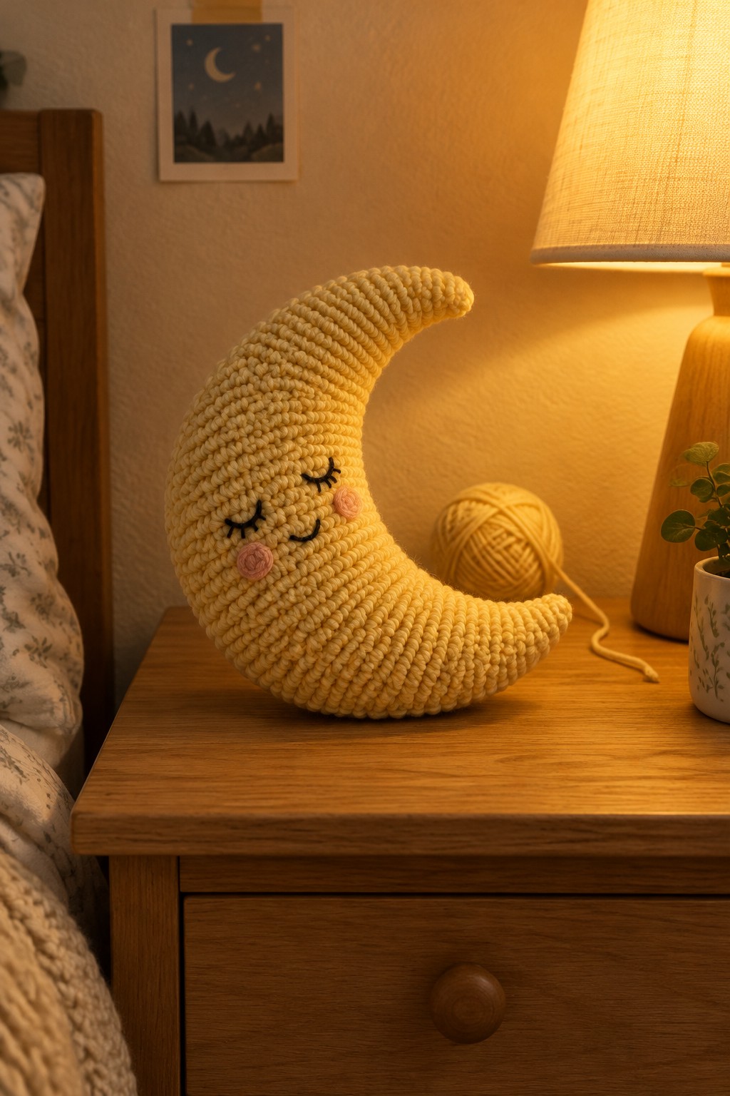 Crocheted yellow crescent moon toy with face on wooden nightstand beside lit lamp