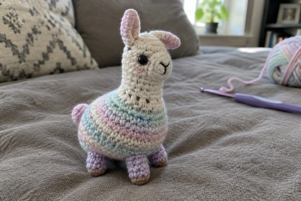 17 Beginner-Friendly Crochet Amigurumi Made From Basic Shapes Crocheted white alpaca with rainbow blanket on gray couch beside yarn and hook.