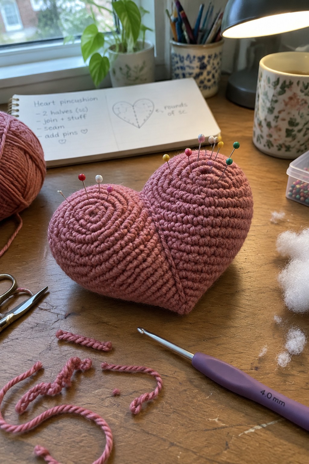Pink crocheted heart pincushion with pins on wooden table beside yarn and hook