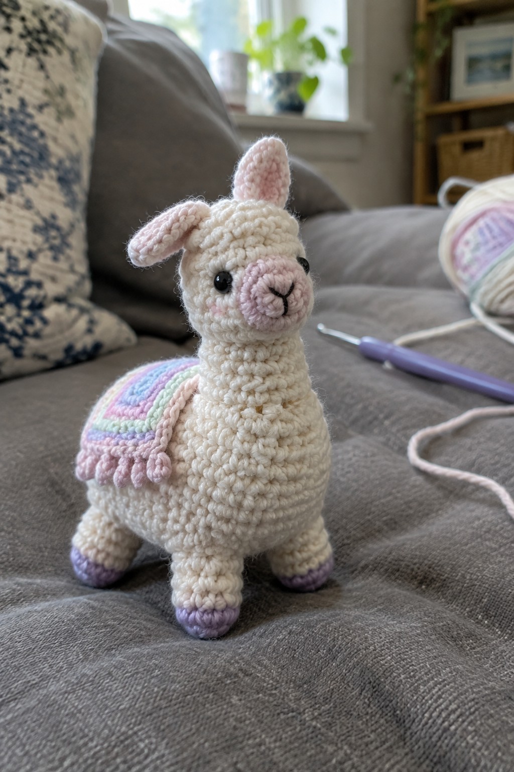 Crocheted white alpaca with rainbow blanket on gray couch beside yarn and hook.