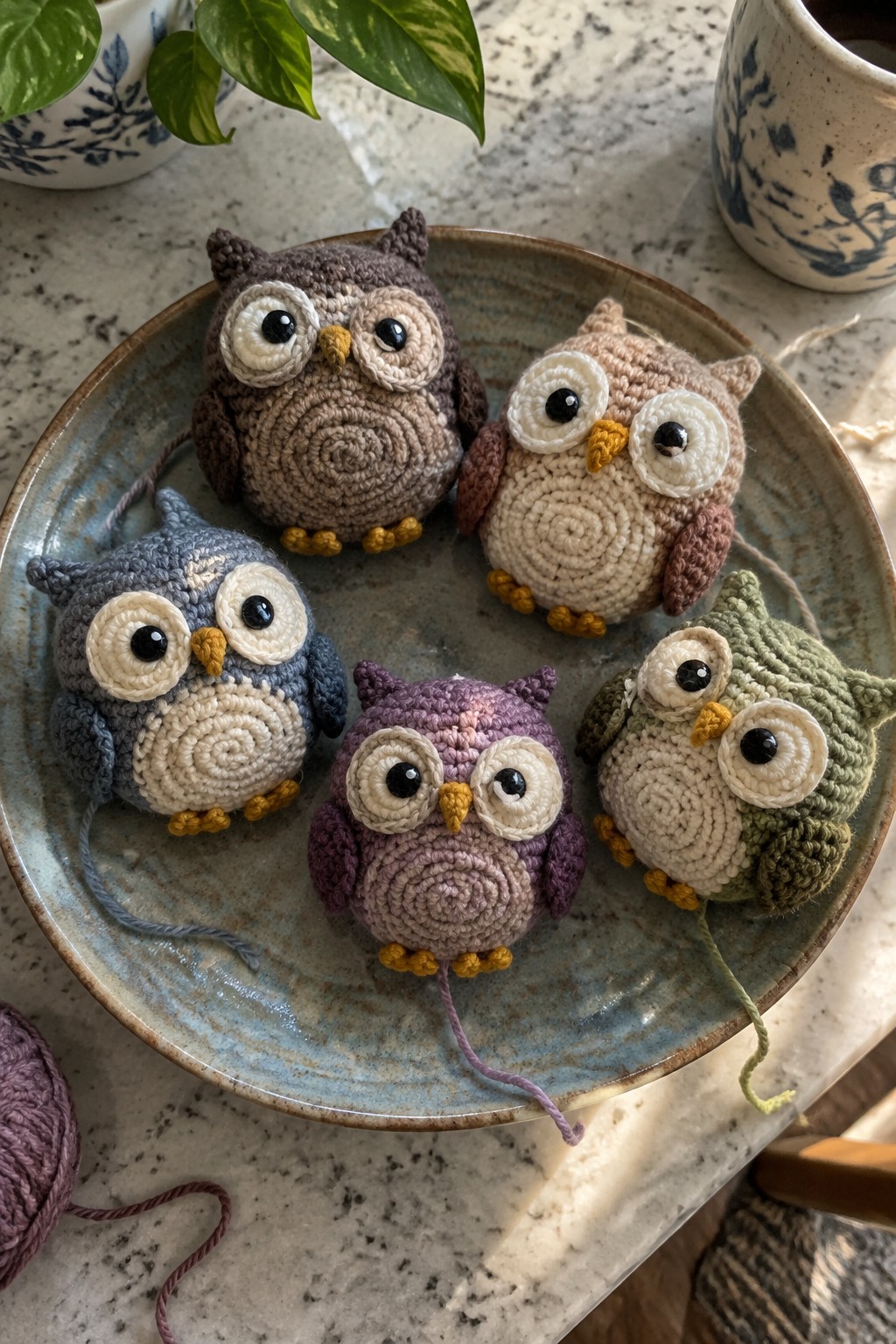 Five colorful crocheted owls with big eyes on a blue ceramic plate.