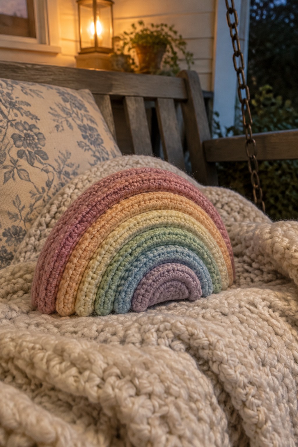 Crocheted rainbow pillow on chunky cream blanket beside floral pillow on wooden porch swing.
