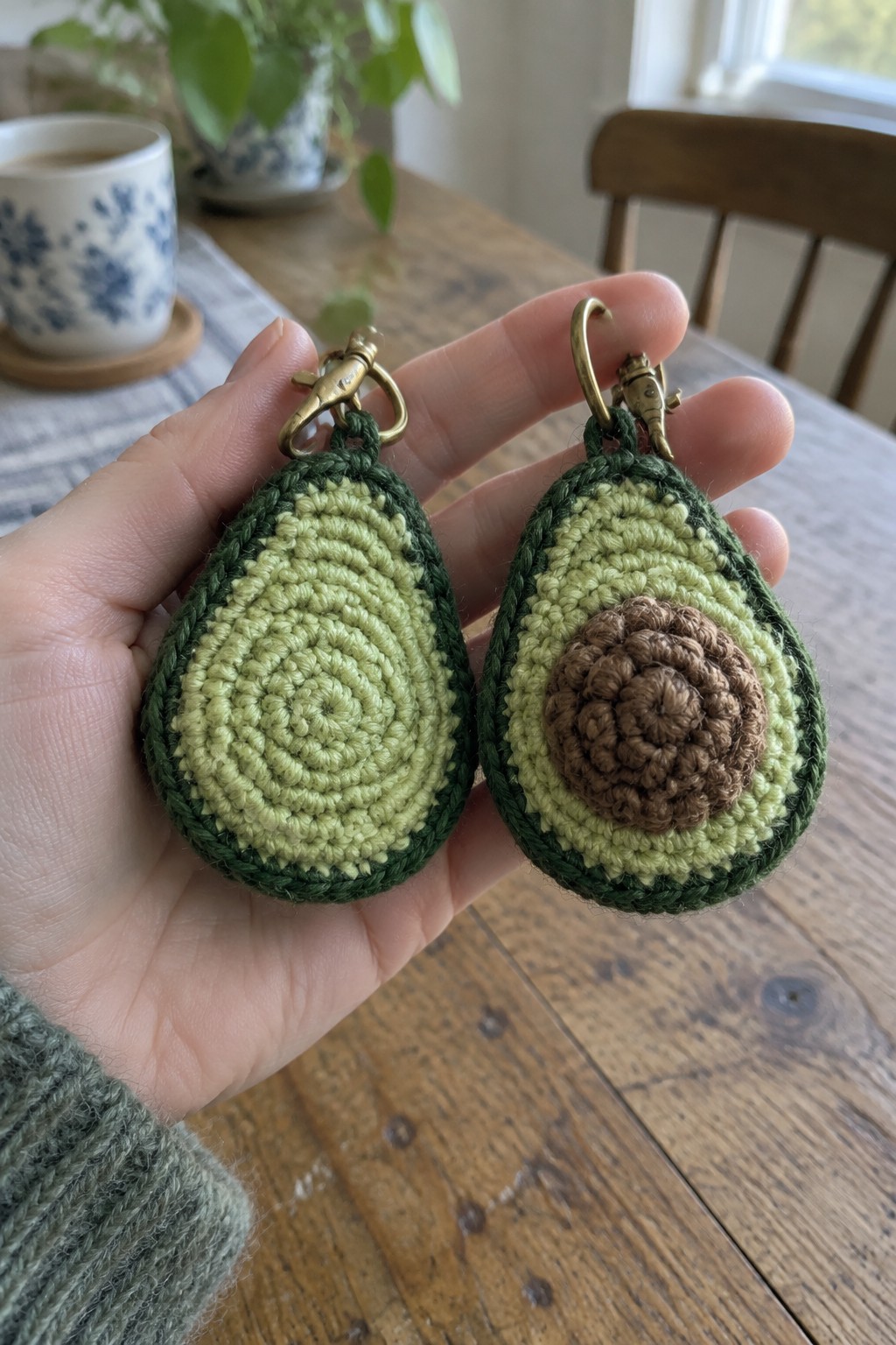 Hand holding two crocheted avocado keychains in green and brown yarn