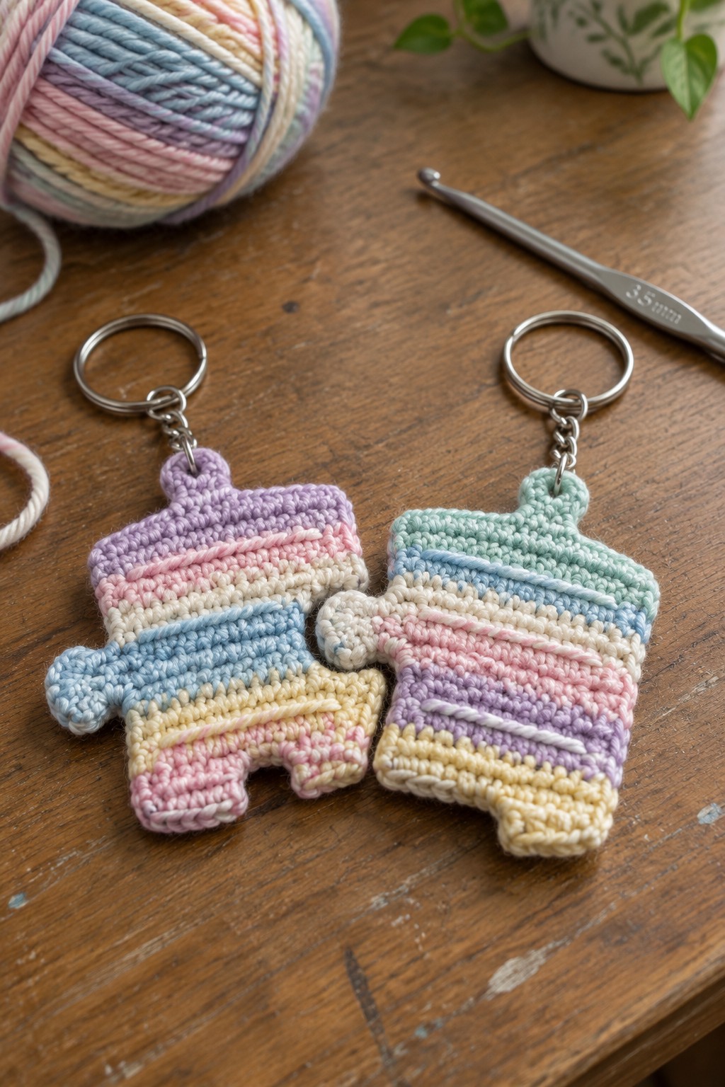Two interlocked pastel crochet puzzle piece keychains on wood with yarn and hook