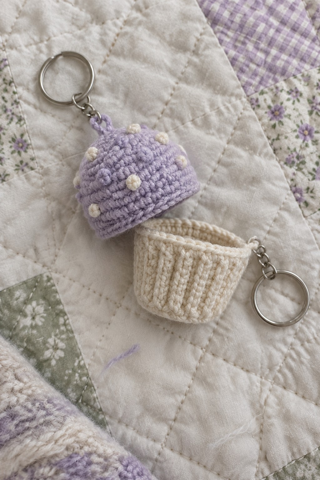 Crochet keychains: lavender cupcake with white dots and cream cup on floral quilt