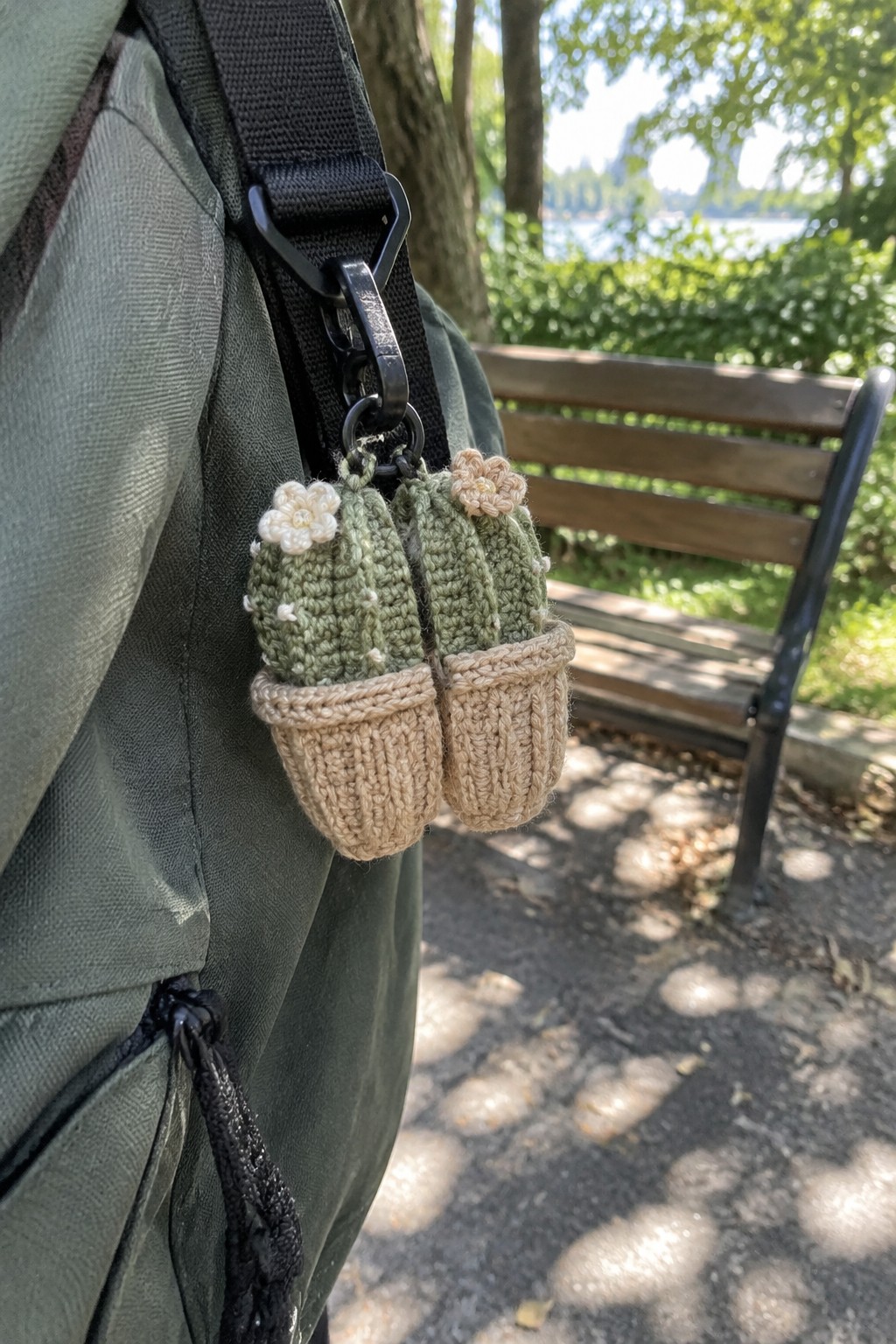 Green backpack with two crocheted cactus keychains on black strap in park