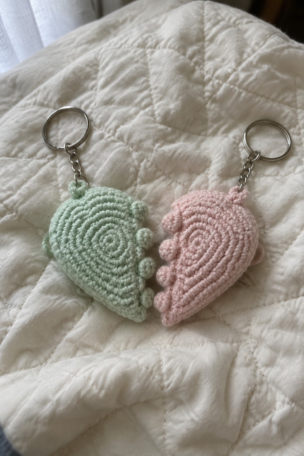 Mint green and pink crocheted snail keychains on white quilted fabric