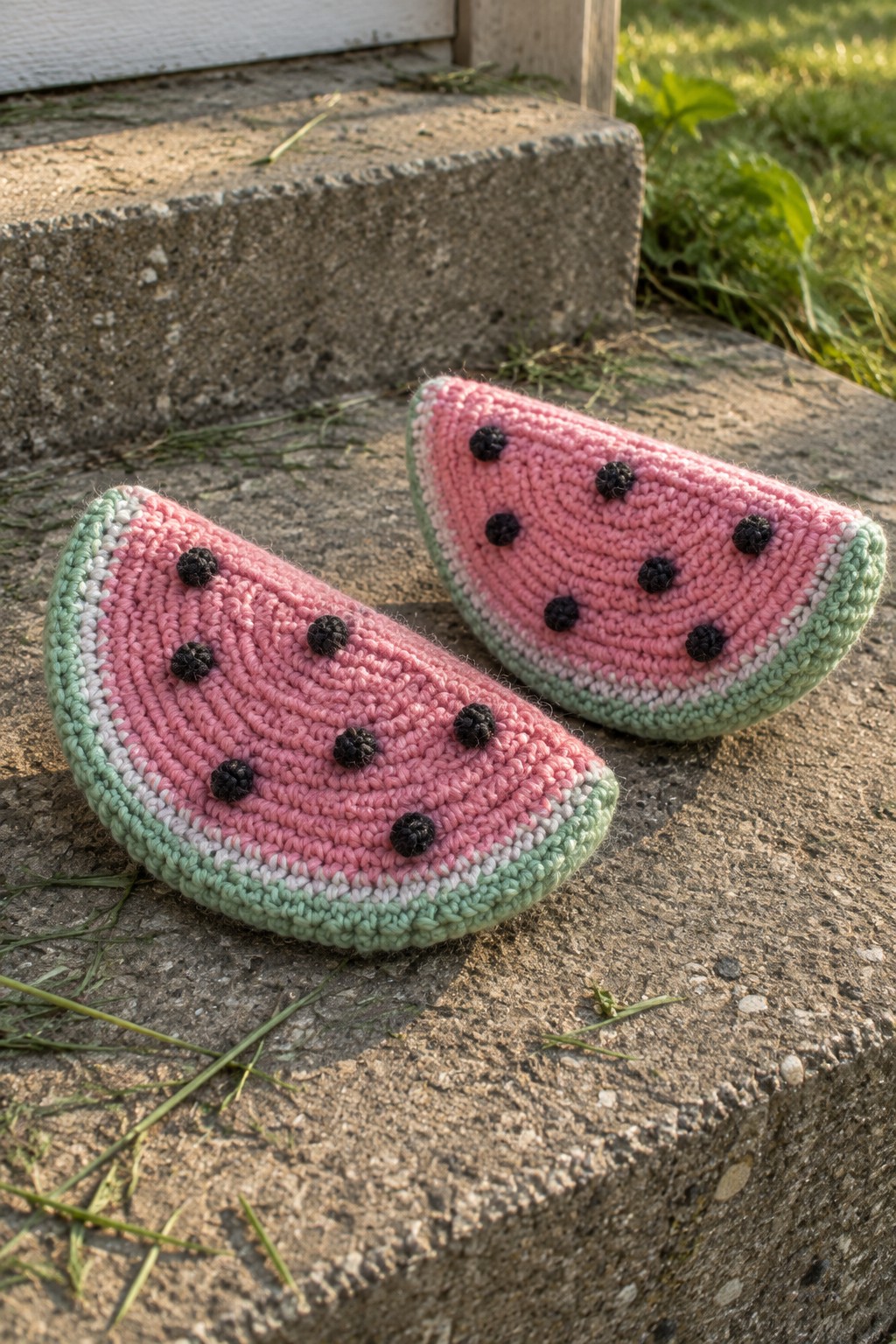 Two crocheted watermelon slices with pink flesh and seeds on concrete steps